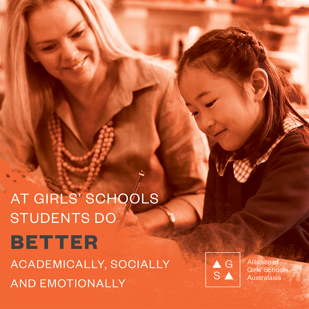 Teacher supporting a student writing with text stating girls’ school students do better academically socially and emotionally