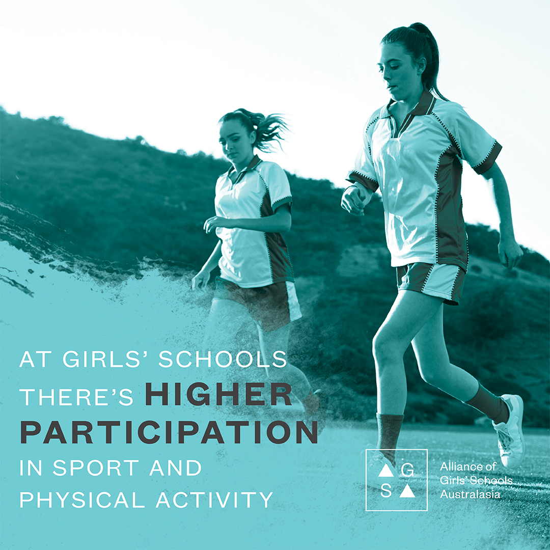 Students running during sport with text stating higher participation in physical activity at girls’ schools