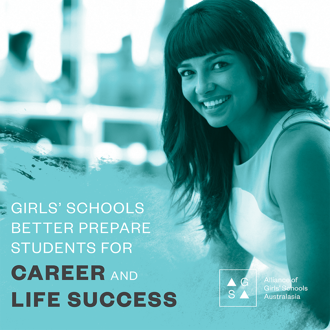 Smiling young woman with text stating girls’ schools better prepare students for career and life success