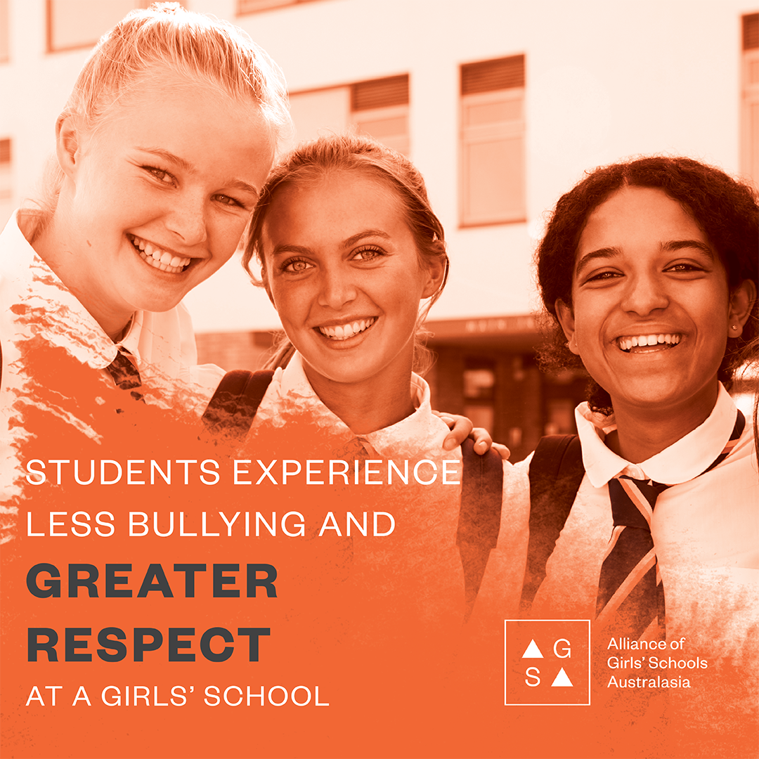 Three students smiling together with text stating less bullying and greater respect at girls’ schools