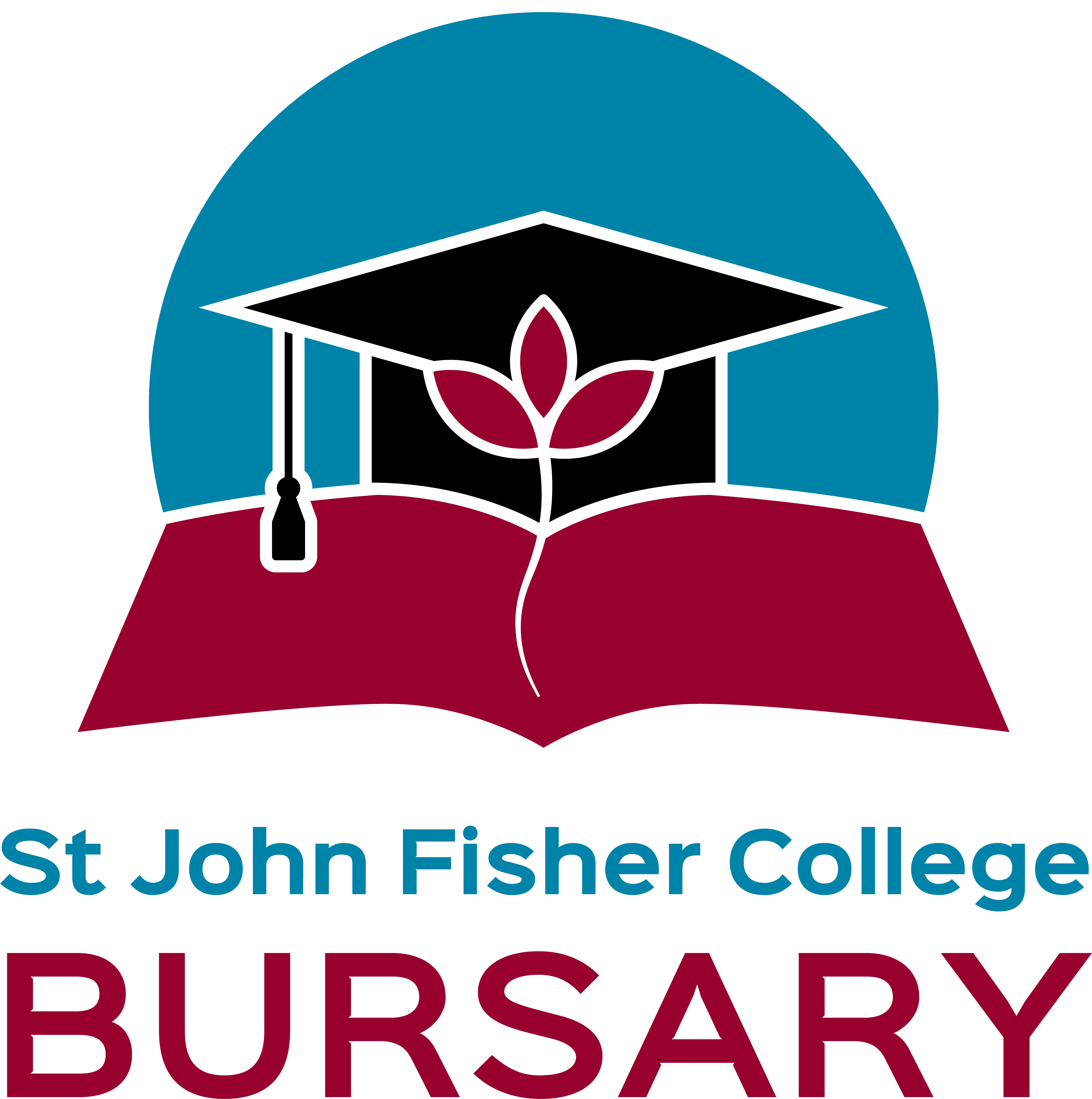 St John Fisher College Bursary logo showing a graduation cap and plant growing from an open book within a circular design