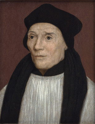 Portrait painting of John Fisher wearing traditional clerical clothing and a black cap