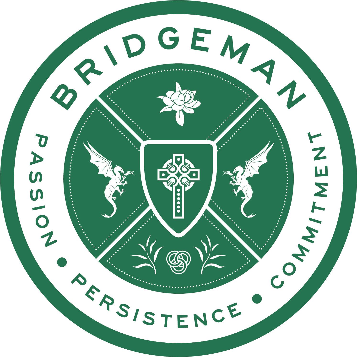 Bridgeman House crest featuring a central shield with a cross, floral symbol, dragon figures and the words passion persistence commitment