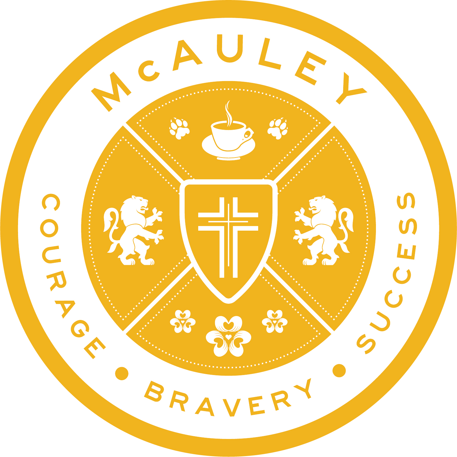 McAuley House crest featuring a central shield with a cross, lions, cup symbol and the words courage bravery success