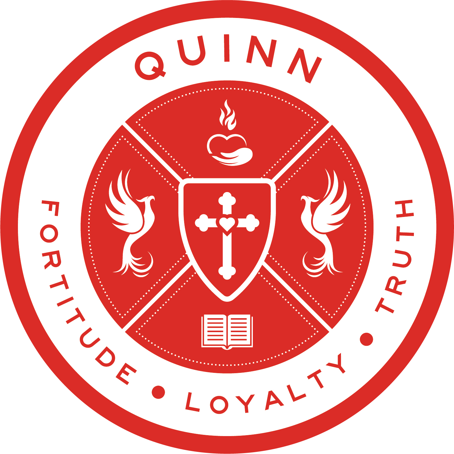 Quinn House crest featuring a central shield with a cross, heart and flame symbols, birds, an open book and the words fortitude loyalty truth