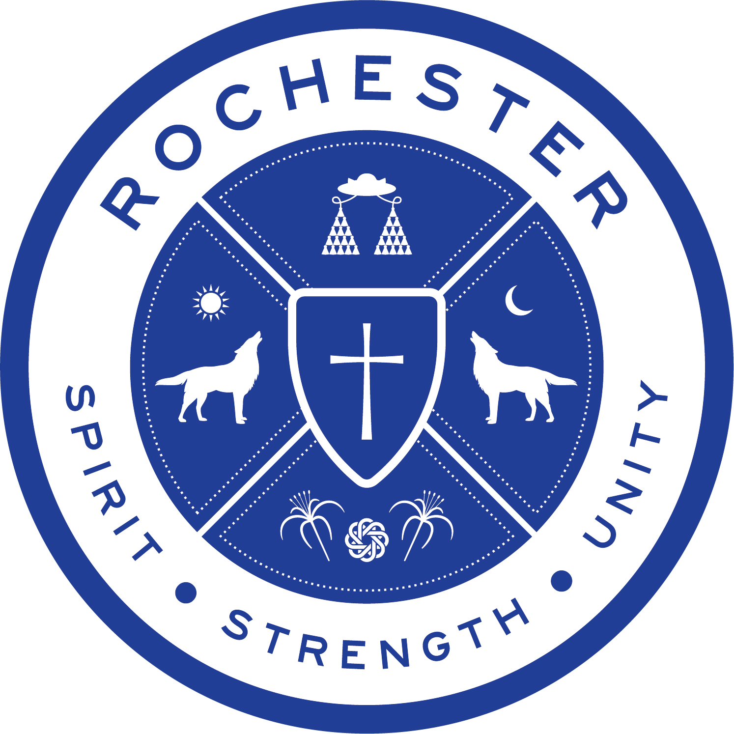 Rochester House crest featuring a central shield with a cross, wolf symbols, sun and moon icons and the words spirit strength unity