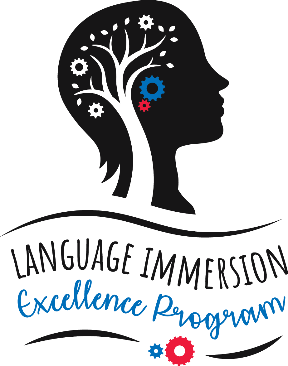 Language Immersion Excellence Program logo with a stylised human profile containing a tree and gears, symbolising learning and growth, with the program name displayed in black and blue text